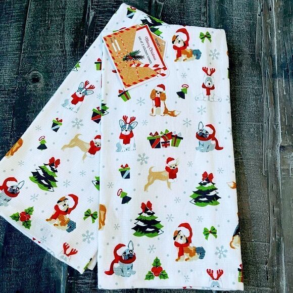 Christmas Dogs Print Holiday Kitchen Dish Towels Set - Picture 1 of 2